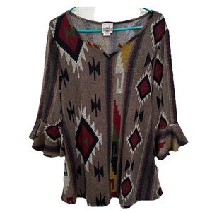 Rod’s Aztec Boho Lagenlook Tunic Top-XL-Bell Sleeves Western Country Tribal Cozy